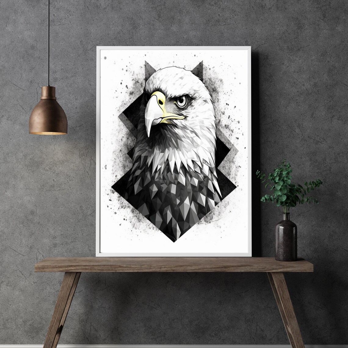 Majestic Geometric Bald Eagle Head Low Poly Black White Art Poster - Image 3
