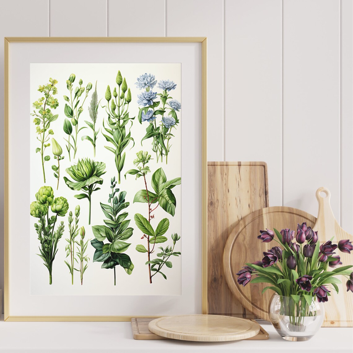 Vintage Botanical Herb Illustration Green Plants Cream Art Poster - Image 4