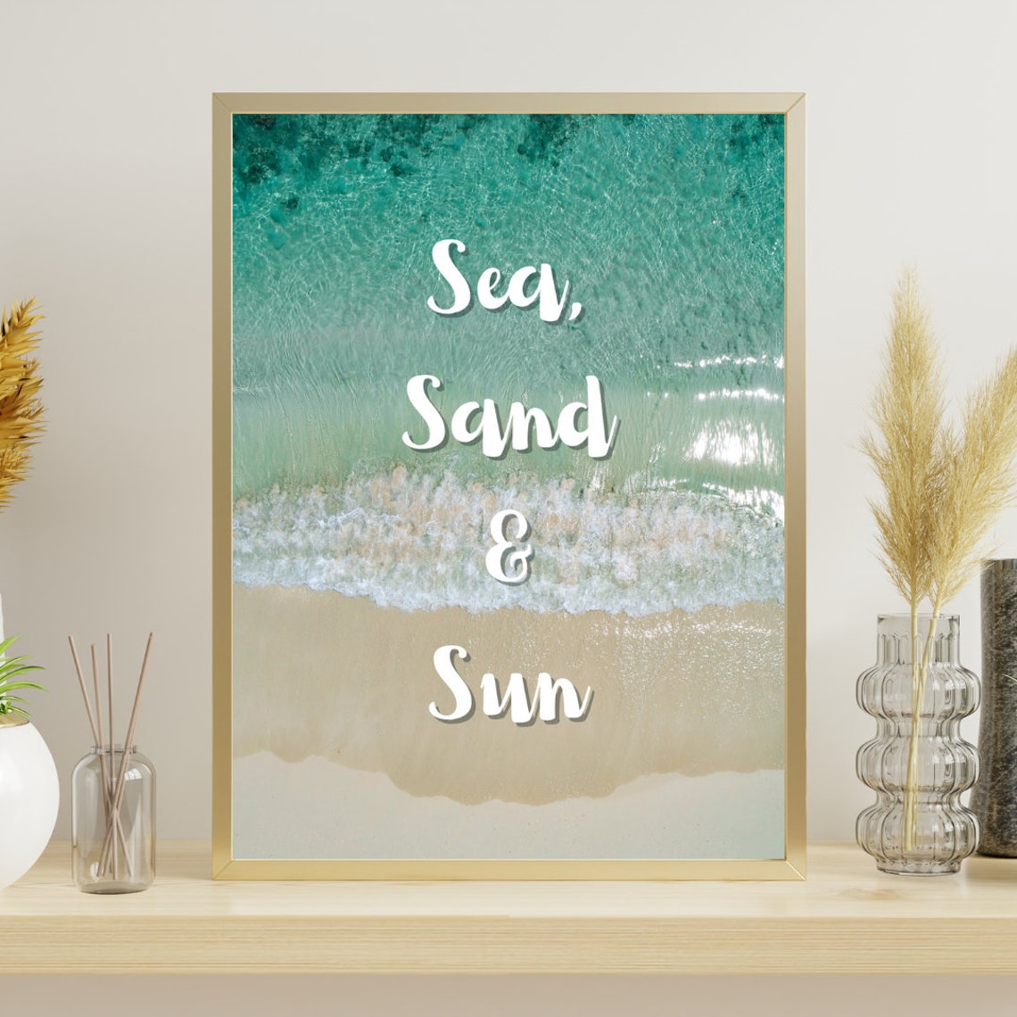 Sea Sand And Sun Script Lettering Aerial Coastal Beach Quote Poster - Image 3