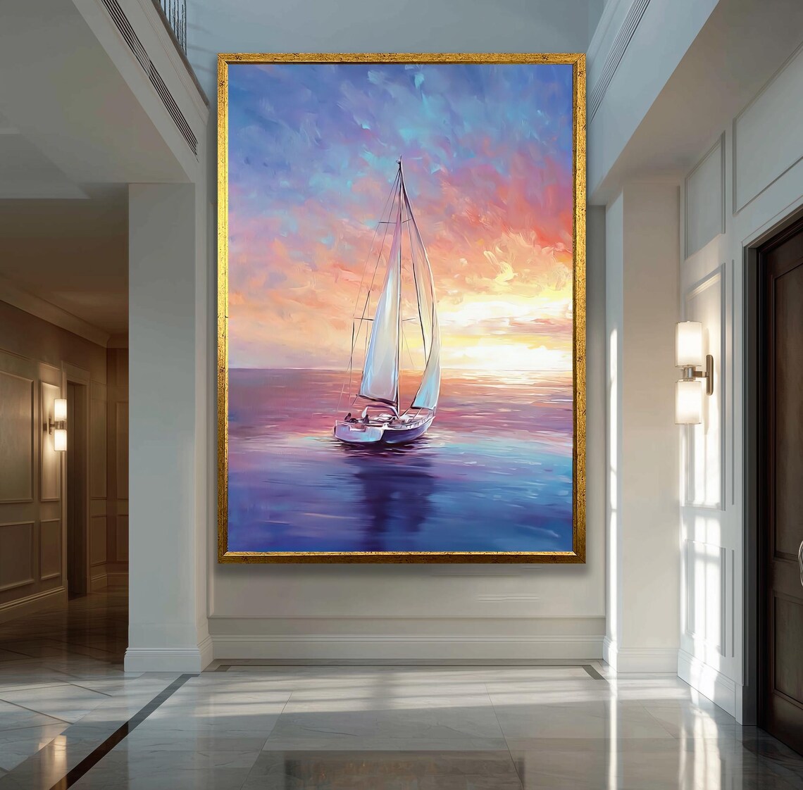 Sunset Sailboat On Calm Ocean Pink Sky Nautical Seascape Poster