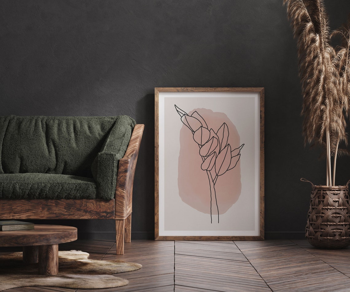 Blush Pink Botanical Line Art Leaf Stem on Soft Pink Wash Wall Art