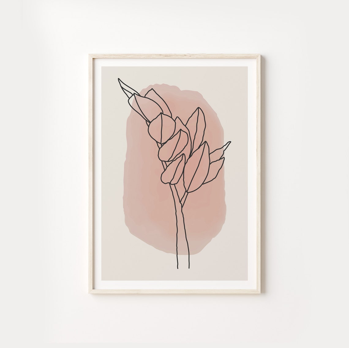 Blush Pink Botanical Line Art Leaf Stem on Soft Pink Wash Wall Art - Image 3