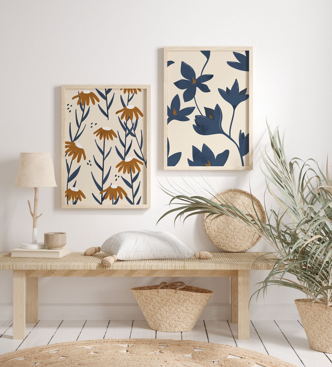 Navy Mustard Botanical Flower Three Panel Minimalist Gallery Poster - Image 2