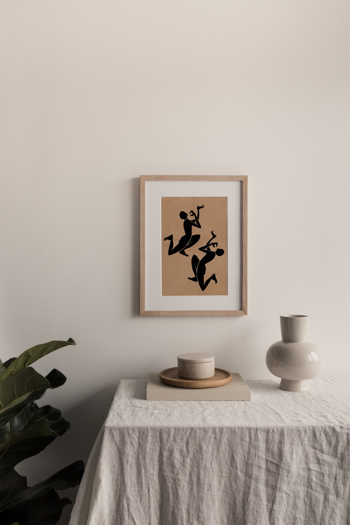 Two Dancing Figures Black Silhouette Kraft Paper Abstract Poster