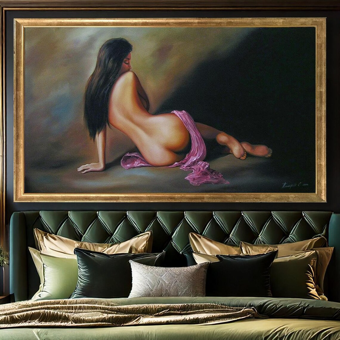 Sensual Nude Woman Reclining Pink Fabric Classical Figure Oil Painting Poster - Image 2