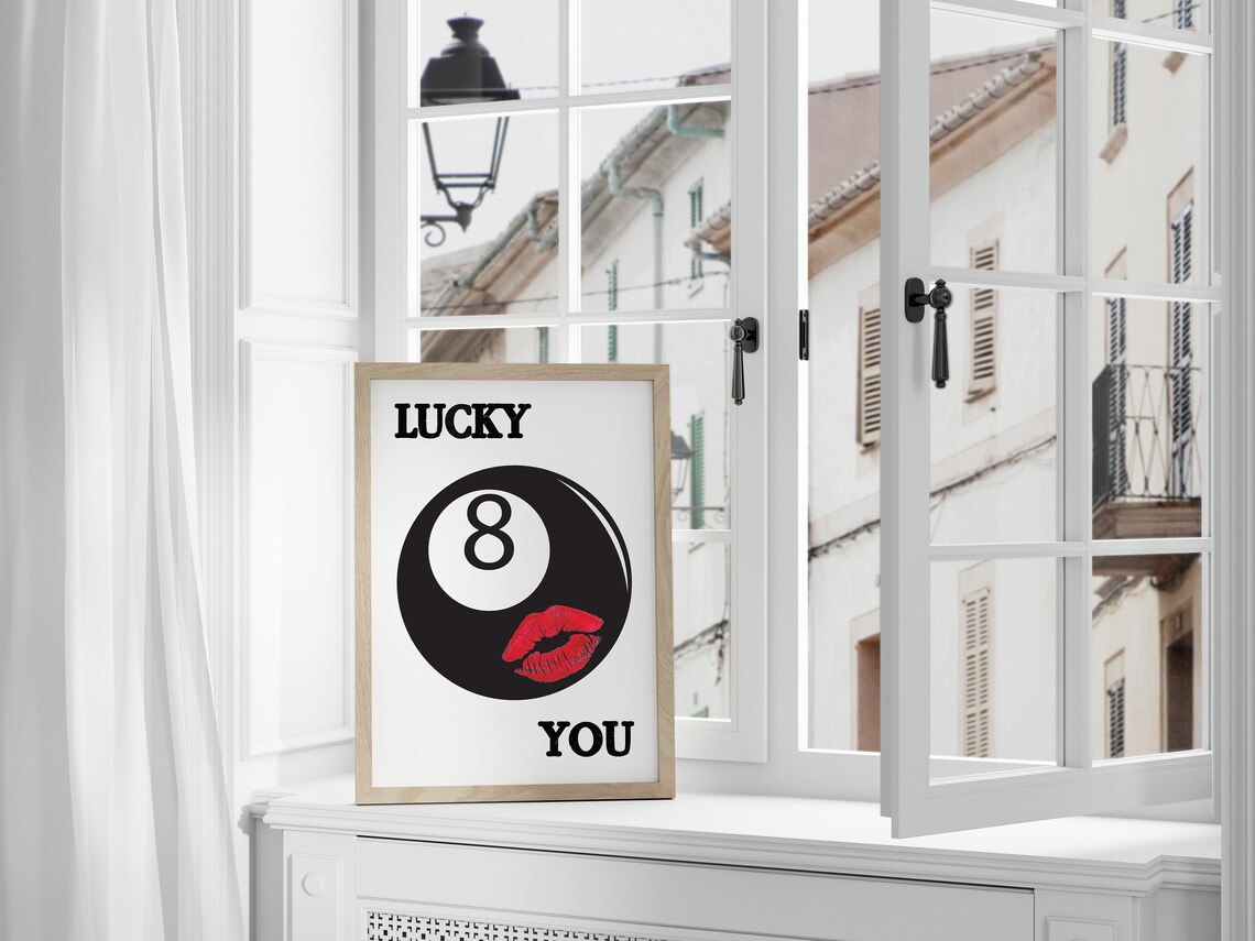 Lucky You 8 Ball with Red Kiss Trendy Black and White Wall Art