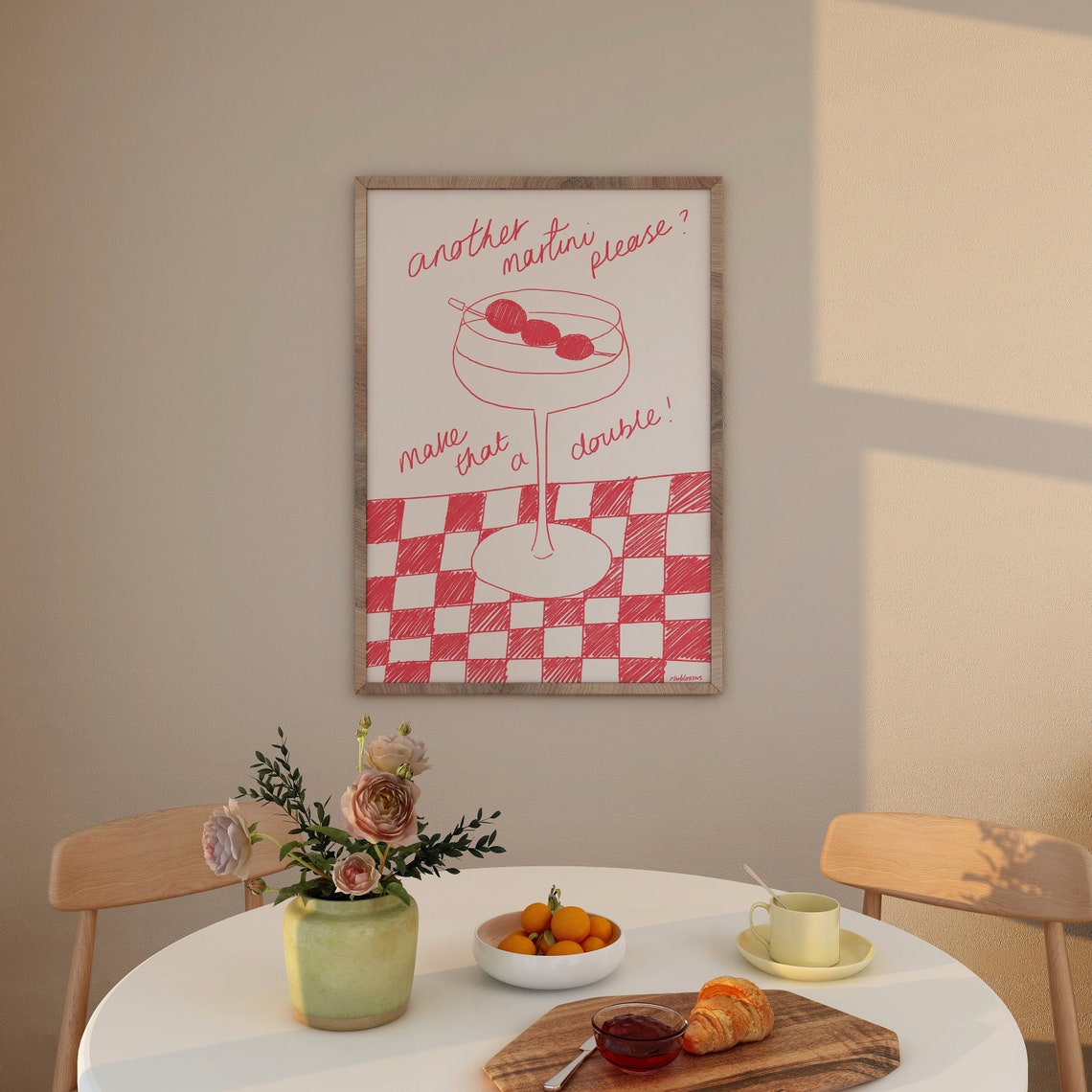 Another Martini Please Red Gingham Cocktail Illustration Poster