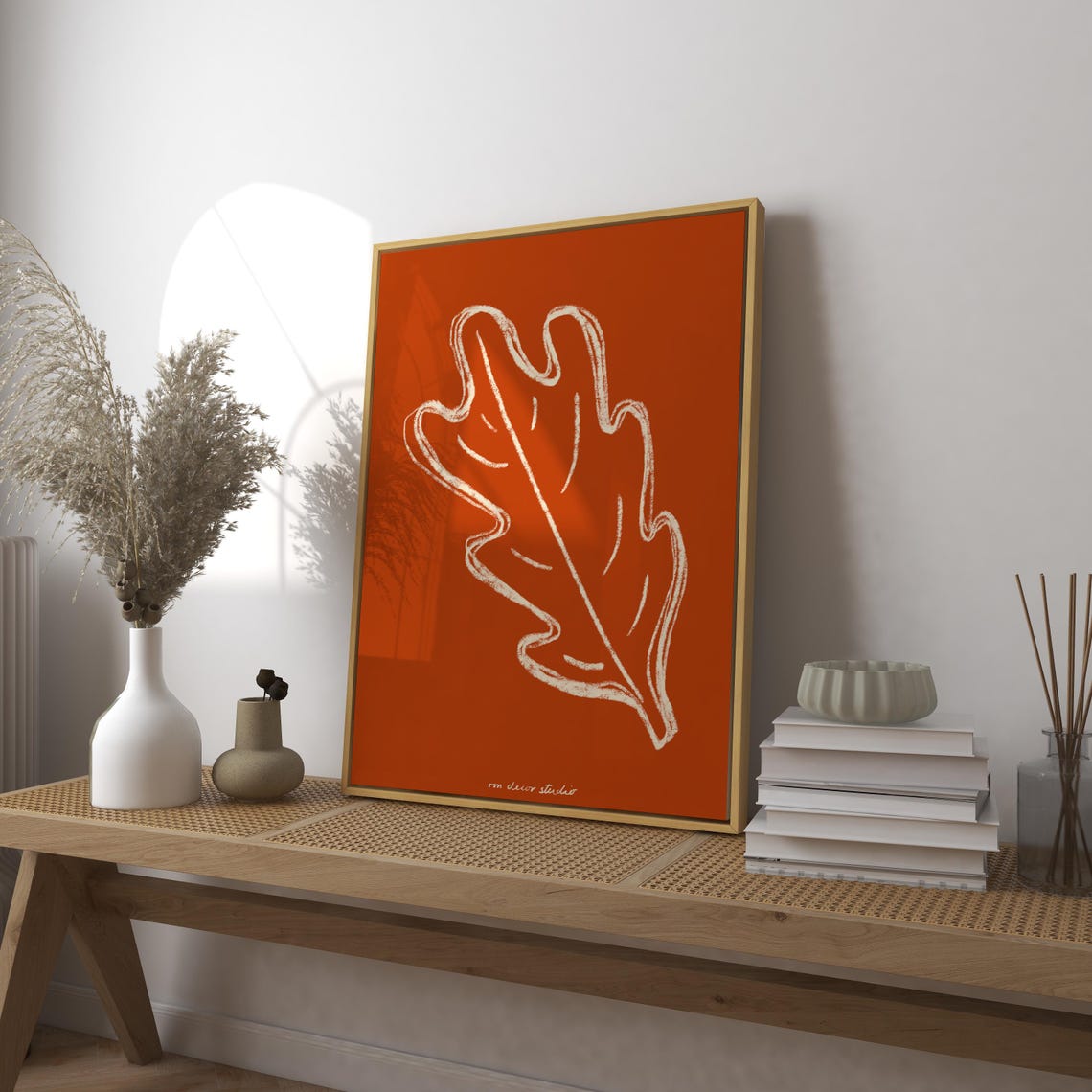 Burnt Orange Leaf Line Drawing Minimalist Botanical Fall Art Poster