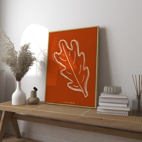 Burnt Orange Leaf Line Drawing Minimalist Botanical Fall Art Poster