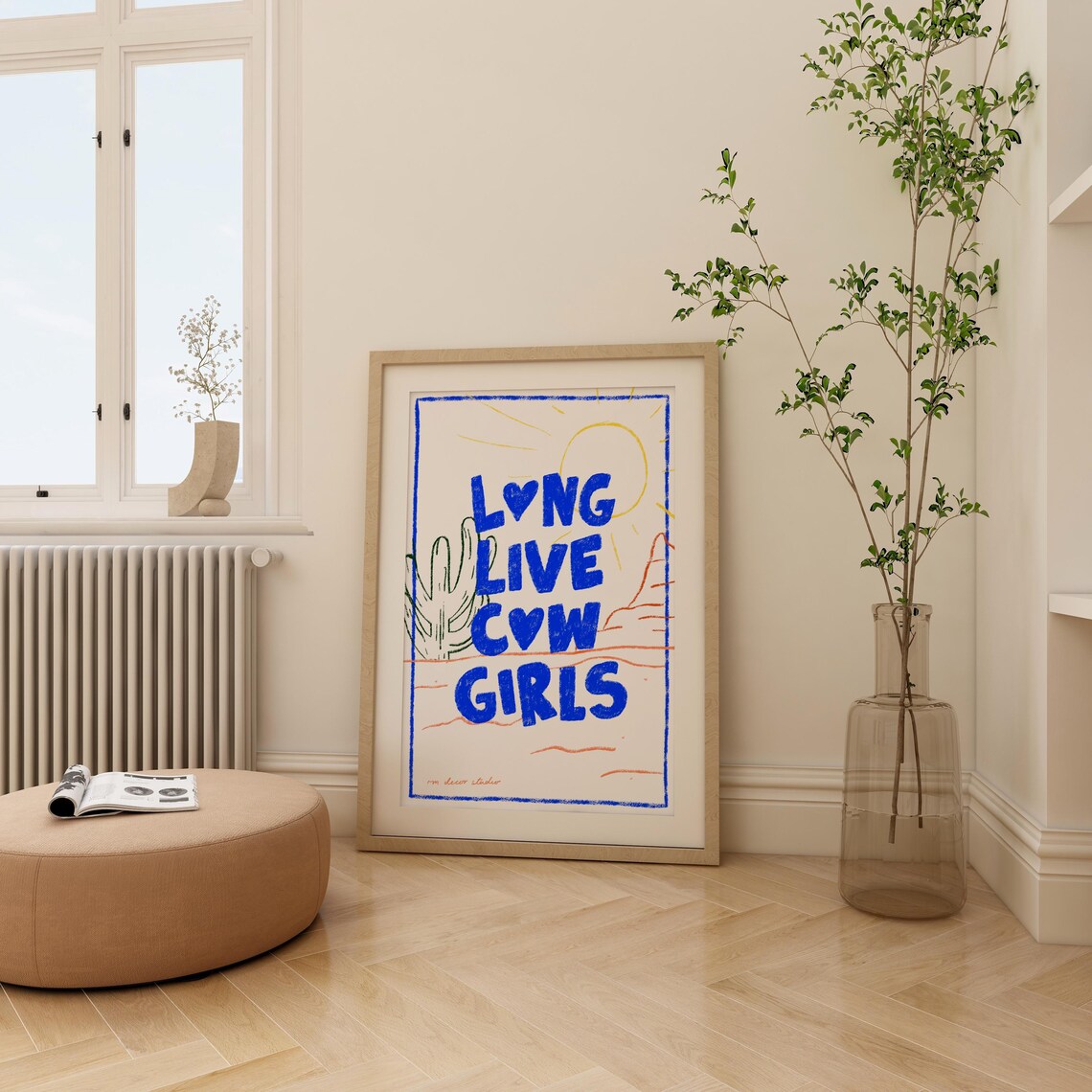 Long Live Cowgirls Blue Cactus Doodle Hand Drawn Western Trendy Art Poster