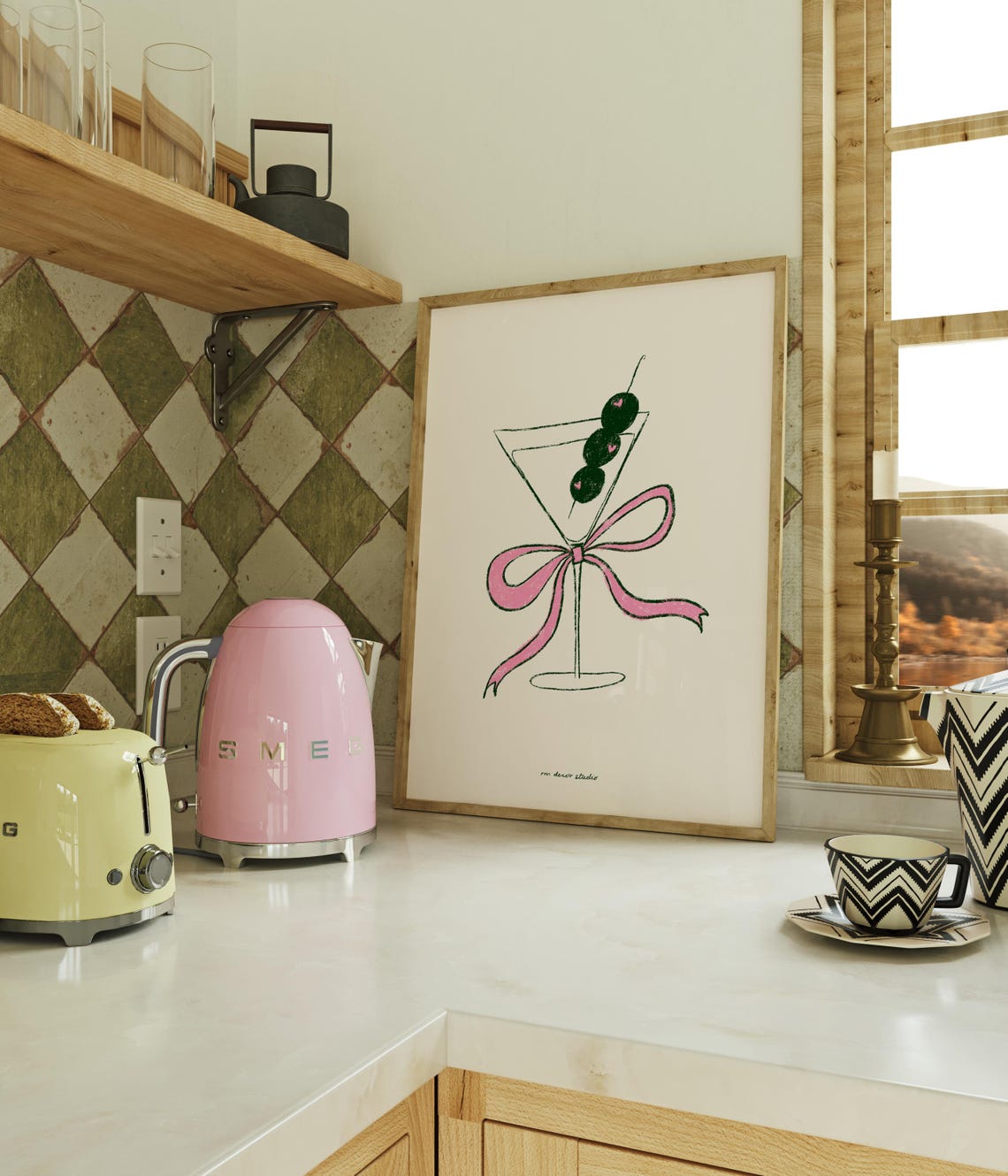 Martini Glass with Olives and Pink Bow Whimsical Cocktail Art Poster