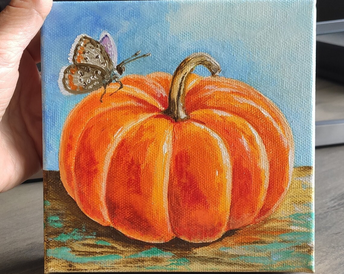 Orange Pumpkin Butterfly Fall Harvest Still Life Oil Painting Wall Art - Image 2