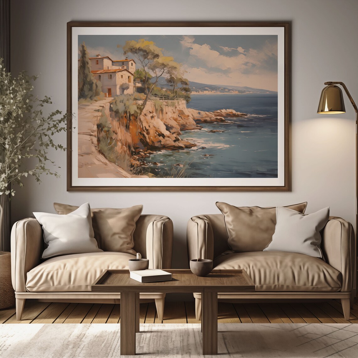 Cliffside Villa Above Rocky Shore with Waves Oil Painting Poster - Image 2