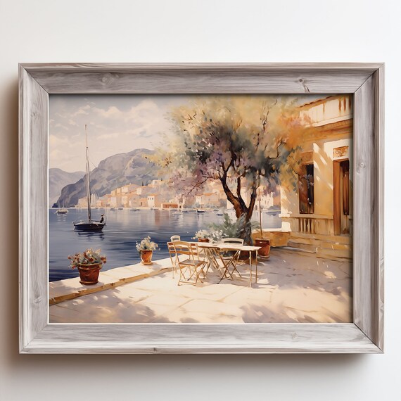 Harbor Cafe Terrace with Sailboats Oil Painting Style Poster