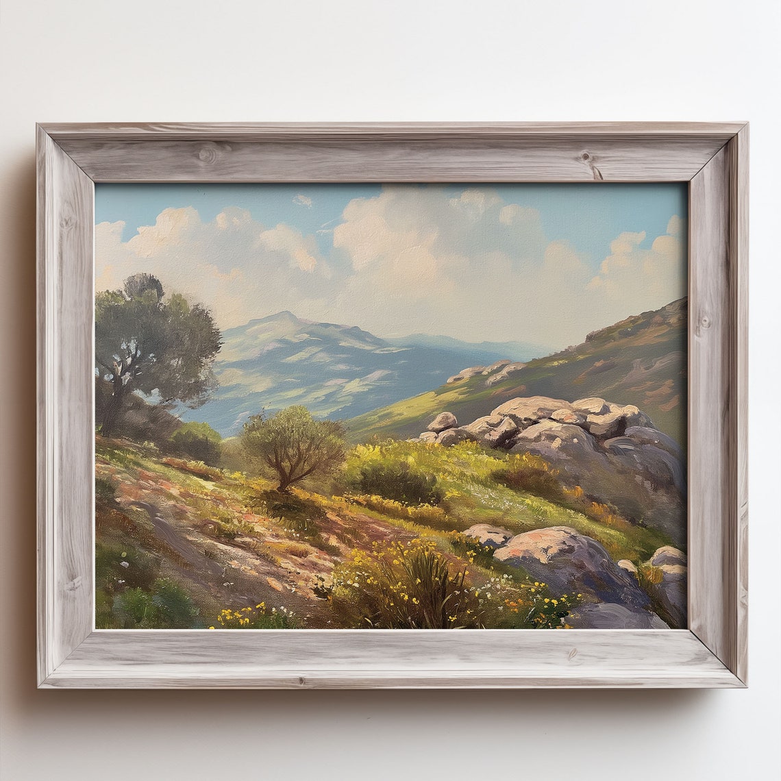 Mountain Valley Olive Trees Painting Rocky Hills Wildflower Poster