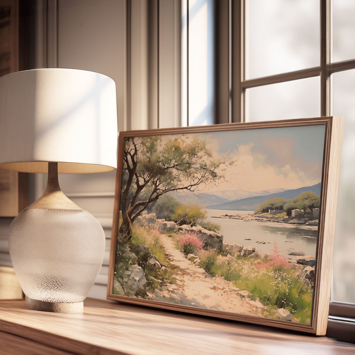 Spring Riverside Blossom Trees Quiet River Mountain Vista Poster - Image 3