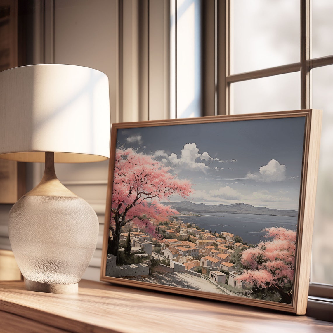 Springtime Pink Blossom Trees Coastal Town Bay Mountain View Poster - Image 3