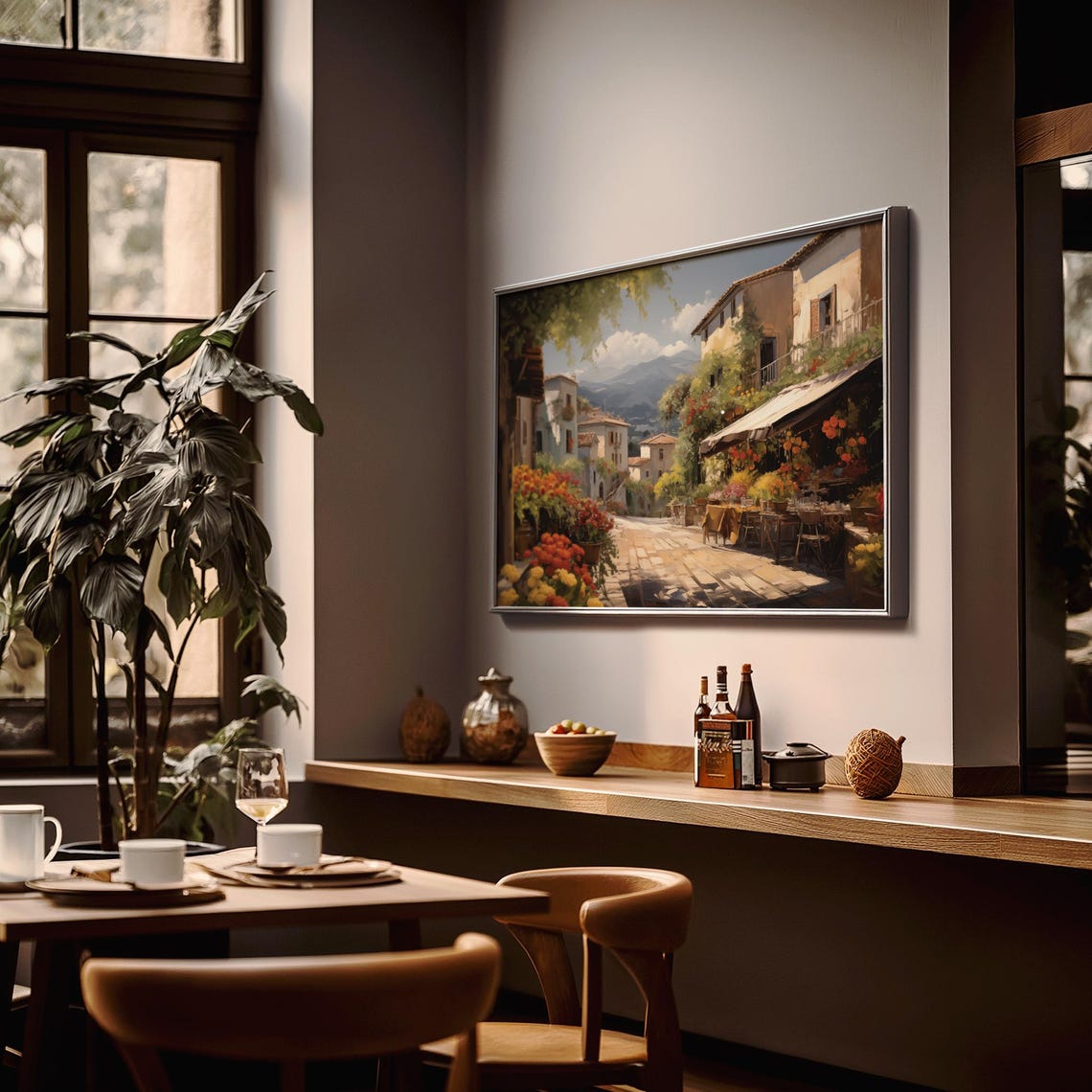 Mediterranean Market Street Flower Stalls Café Mountains Oil Poster - Image 3