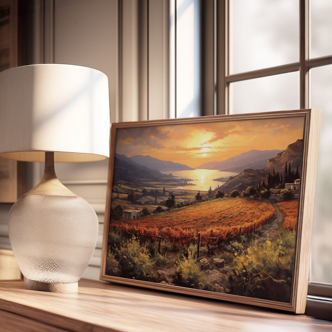 Golden Sunset Over Autumn Vineyard Valley Oil Painting Poster - Image 3