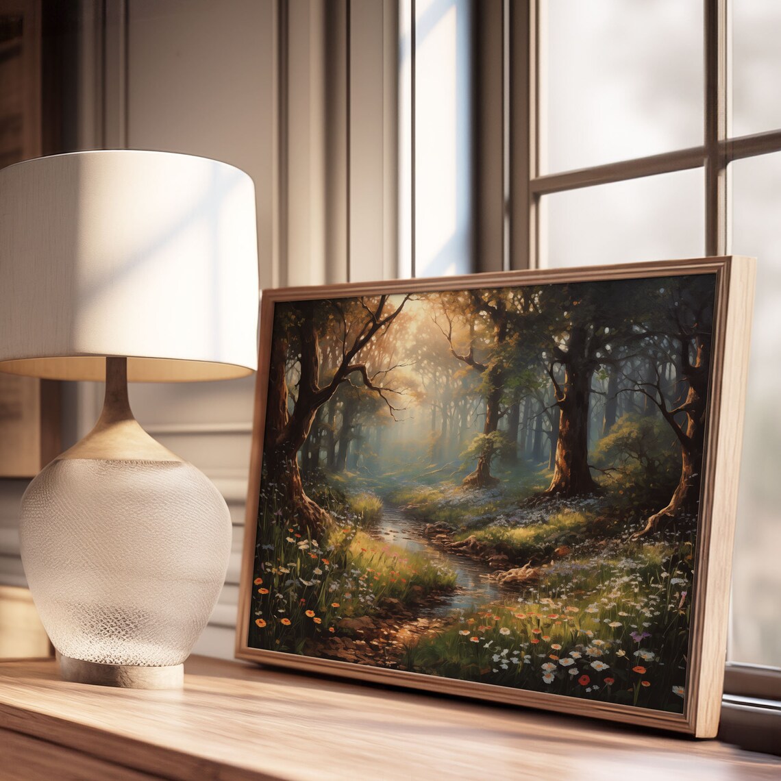Enchanted Forest Stream With Wildflowers In Morning Mist Vintage Poster - Image 3