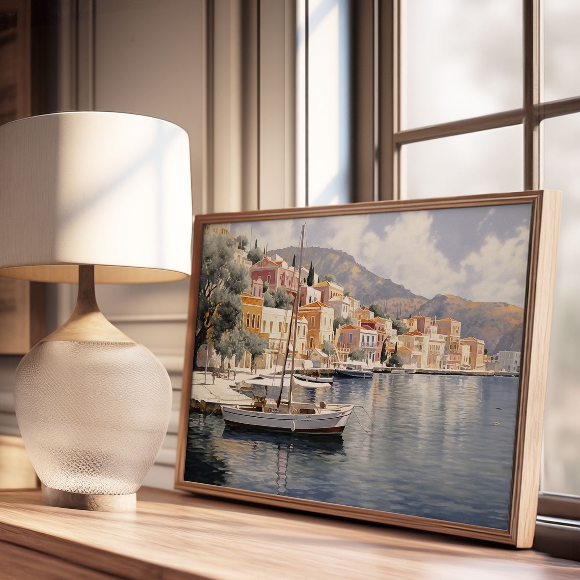 Mediterranean Harbor Sailboat Waterfront Oil Painting Poster - Image 3