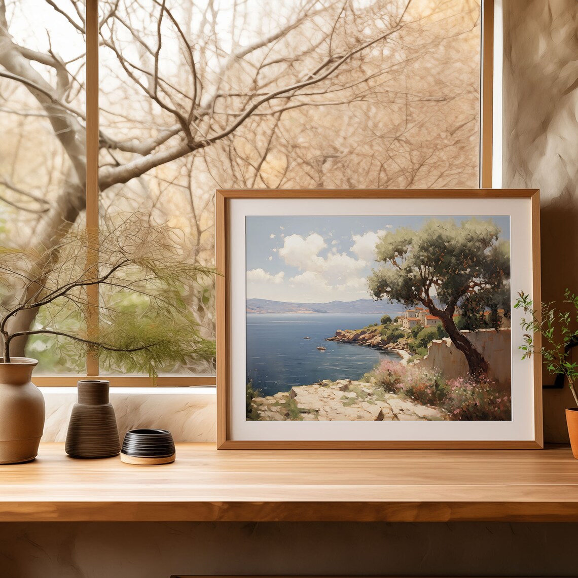 Olive Tree Cliff Village Painting Seaside Boats Blue Water Poster - Image 4