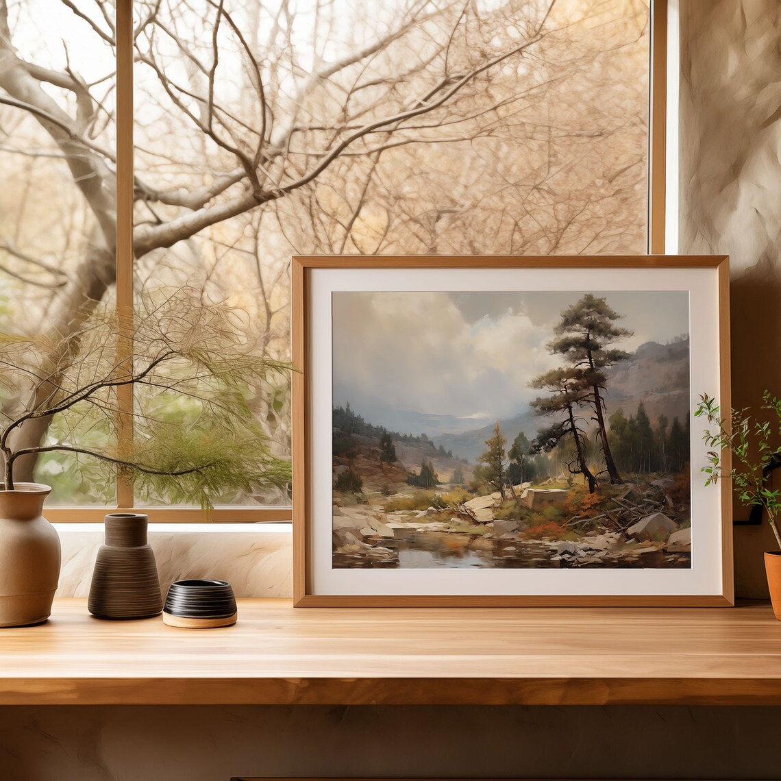 Mountain Pine Forest Stream Painting Misty Peak Nature Landscape Poster - Image 4