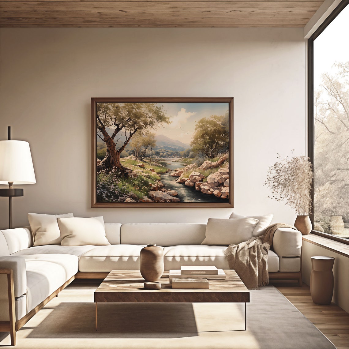 Countryside Rocky Riverbed Stream Olive Trees Distant Peaks Poster - Image 4