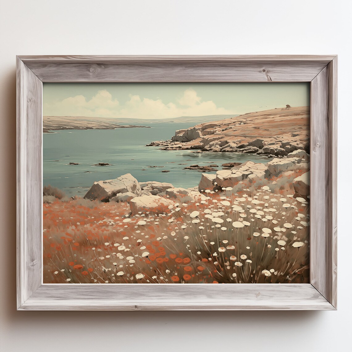 Rocky Coast Wildflower Painting Teal Sea Cliff Ocean Nature Poster