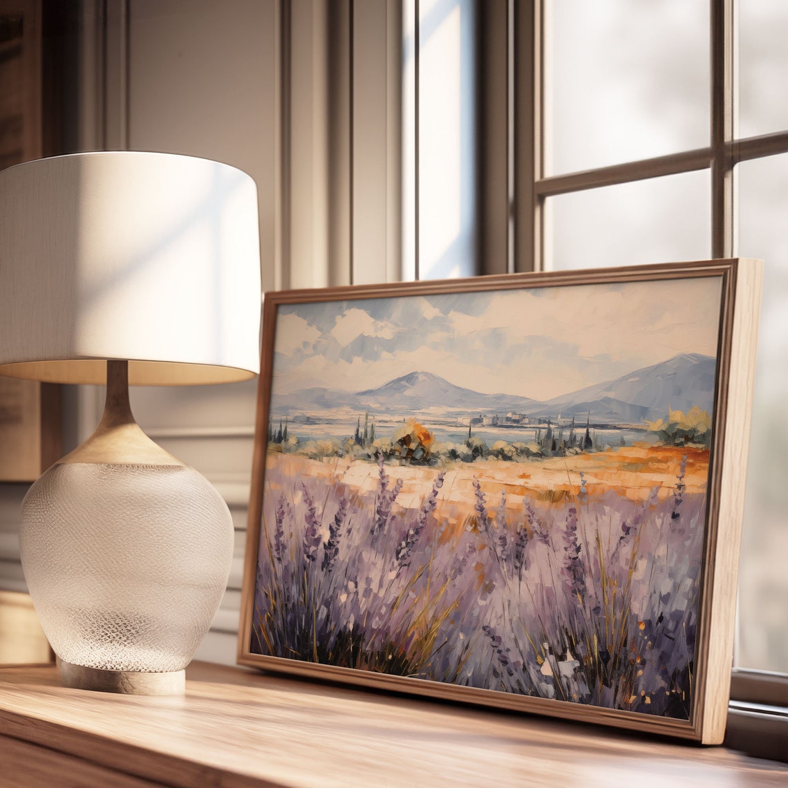 Purple Lavender Field Under A Golden Sky Mountain Countryside Poster - Image 3