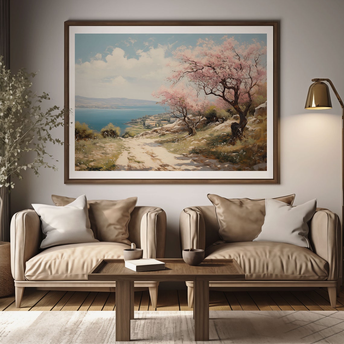 Springtime Pink Flowering Trees Coastal Road Bright Blue Bay Poster - Image 2