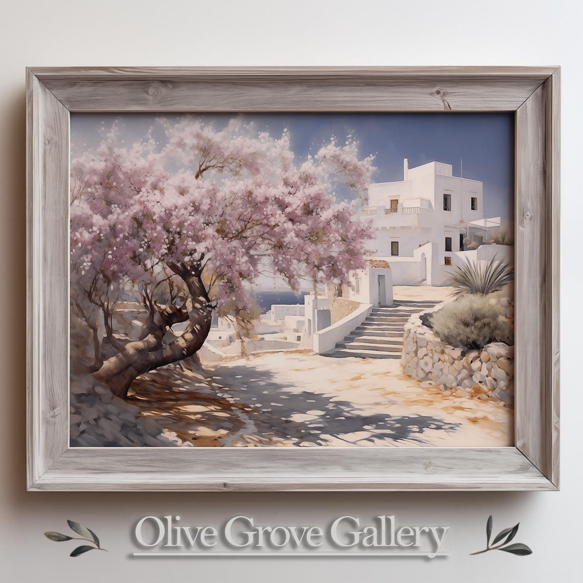 Blossoming Tree Beside Whitewashed Island Houses Vintage Spring Poster