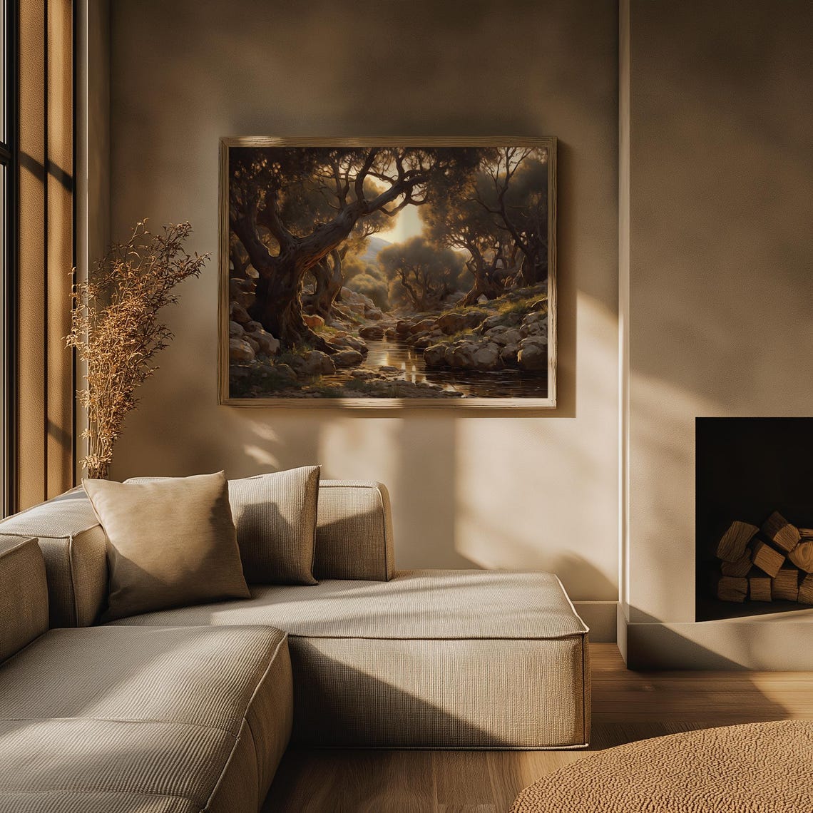 Ancient Olive Grove Painting Golden Forest Stream Sunset Poster - Image 3
