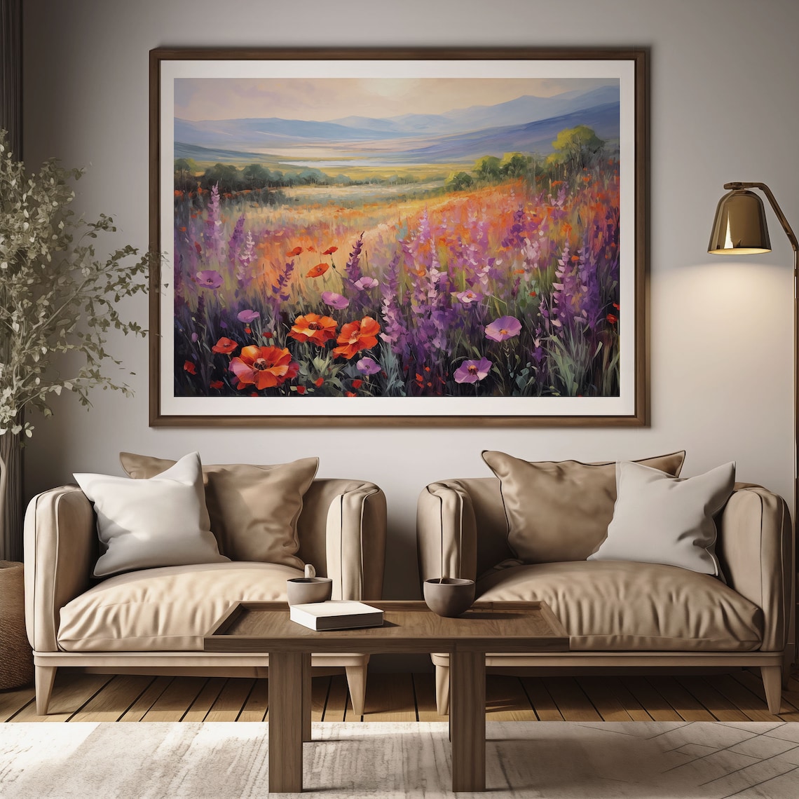 Purple Lupine Wildflower Field Mountain View Oil Painting Poster - Image 2