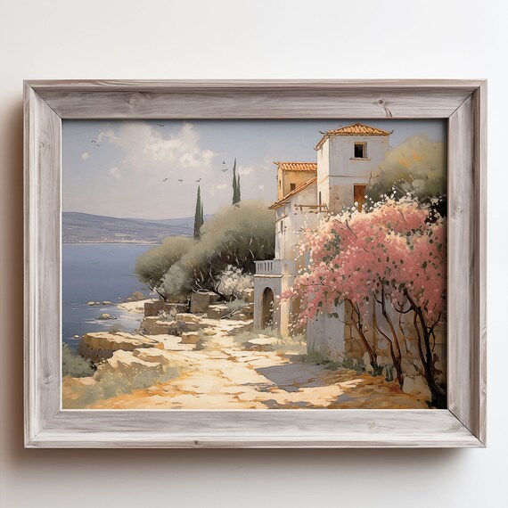 Mediterranean Seaside House Blossom Coastal Oil Painting Poster