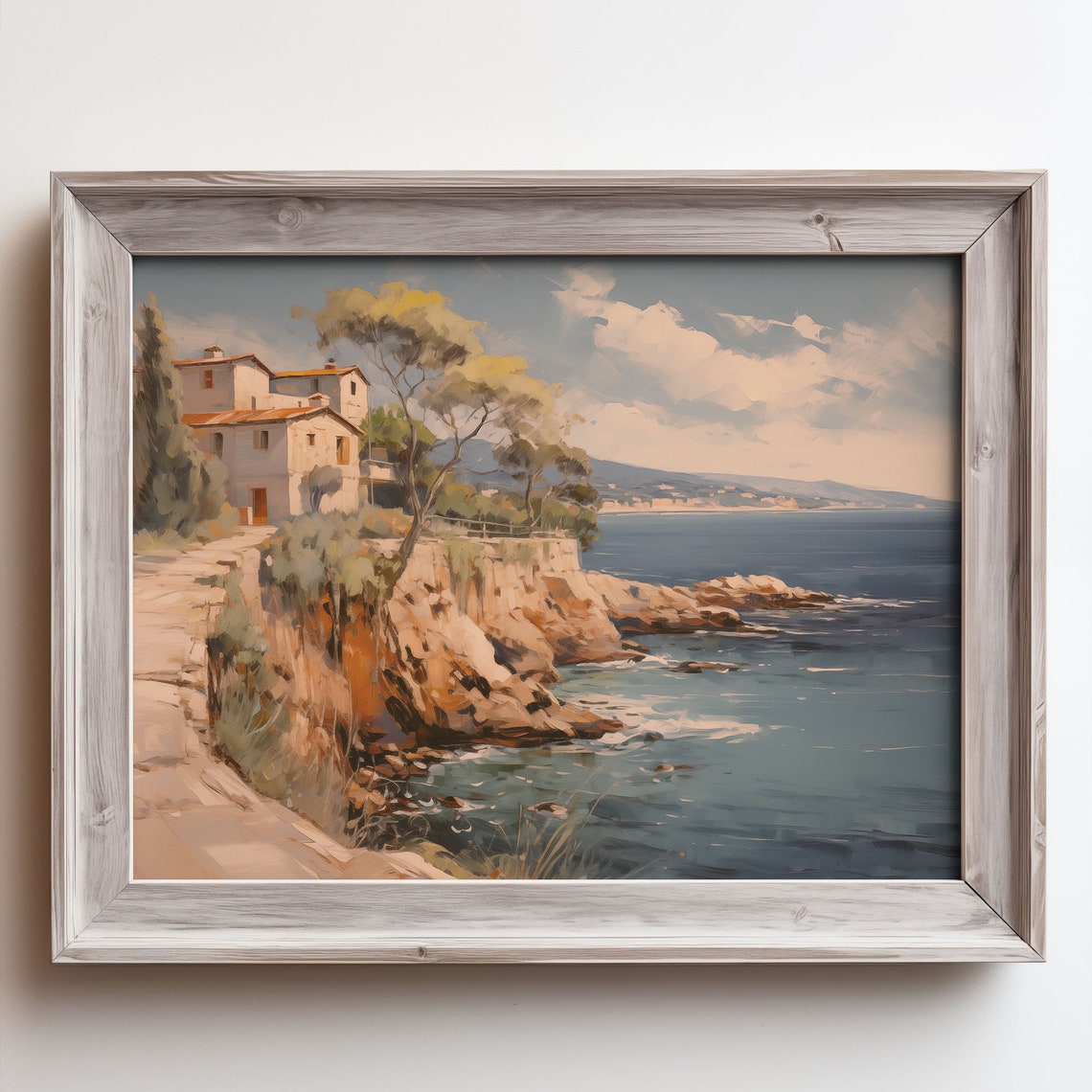 Cliffside Villa Above Rocky Shore with Waves Oil Painting Poster