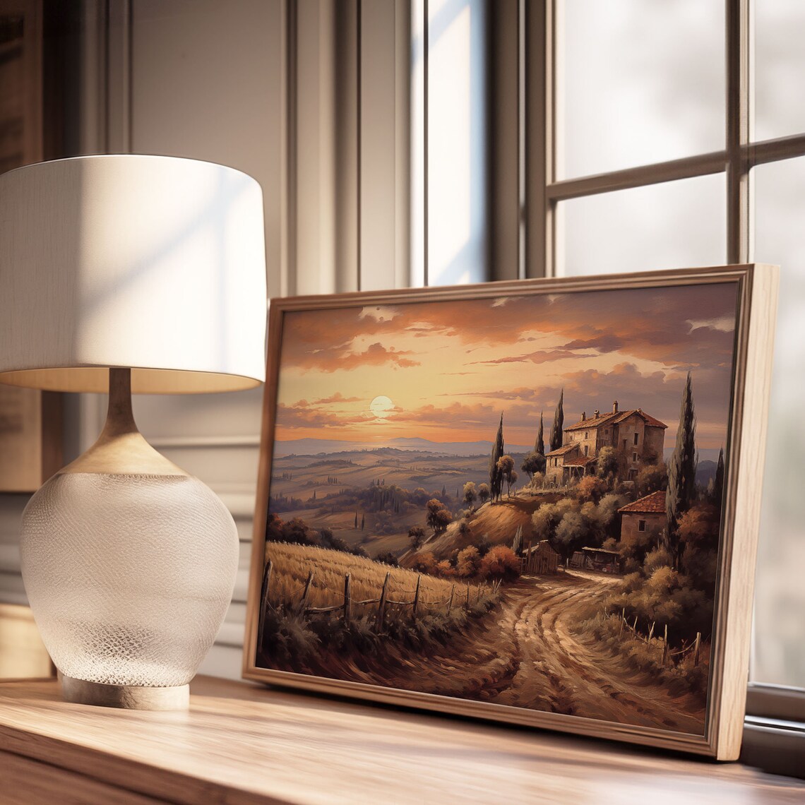 Tuscan Farmhouse Sunset Cypress Trees Golden Fields Oil Painting Poster - Image 3
