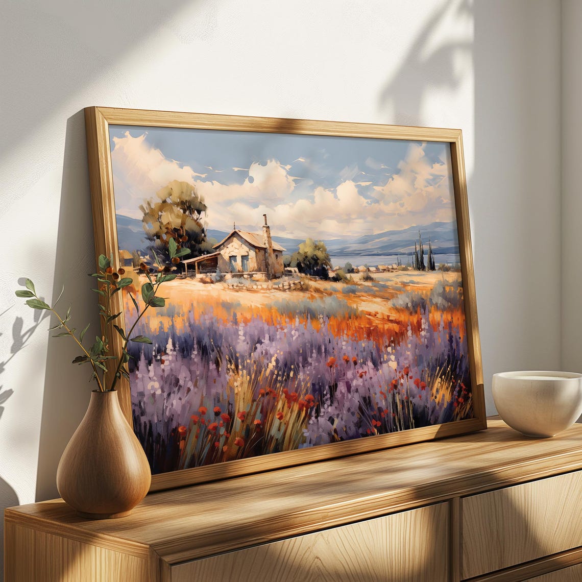 Country Farmhouse In A Lavender Field By A Lake Vintage Poster - Image 4