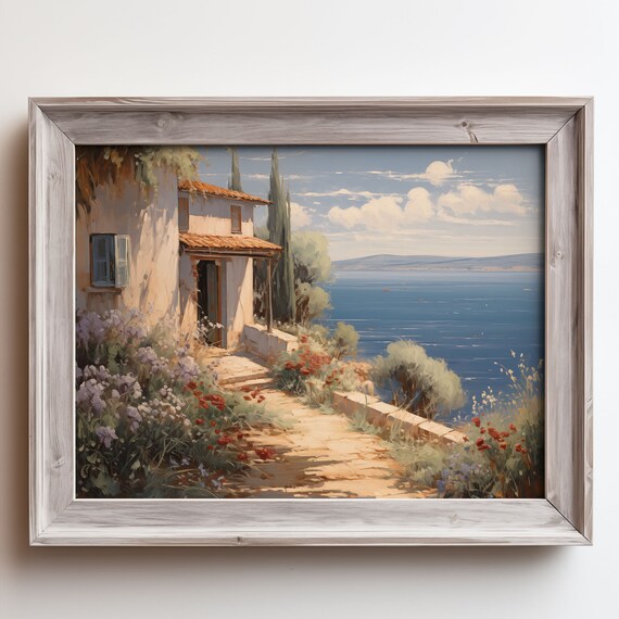 Mediterranean Villa Sea View Cypress Trees Vintage Oil Painting Poster