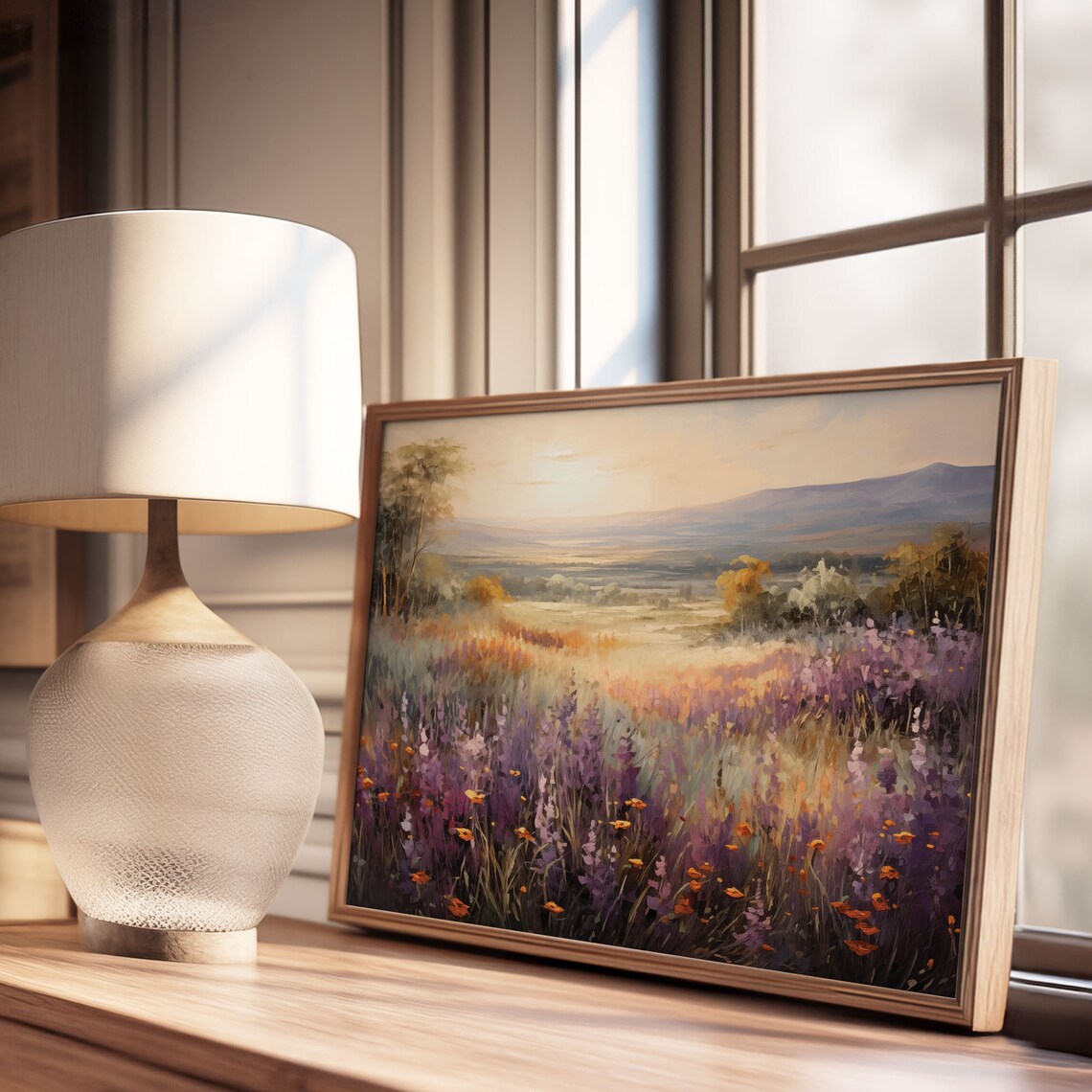 Purple Lavender Field Sunrise Valley Landscape Oil Painting Poster - Image 3