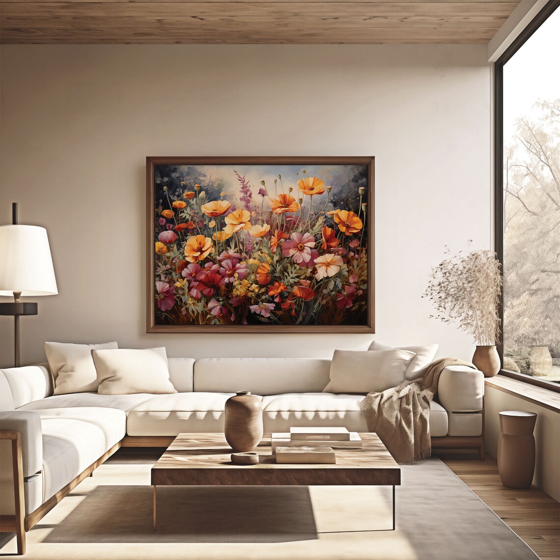 Orange Poppy Pink Cosmos Flower Close Up Oil Painting Poster - Image 4