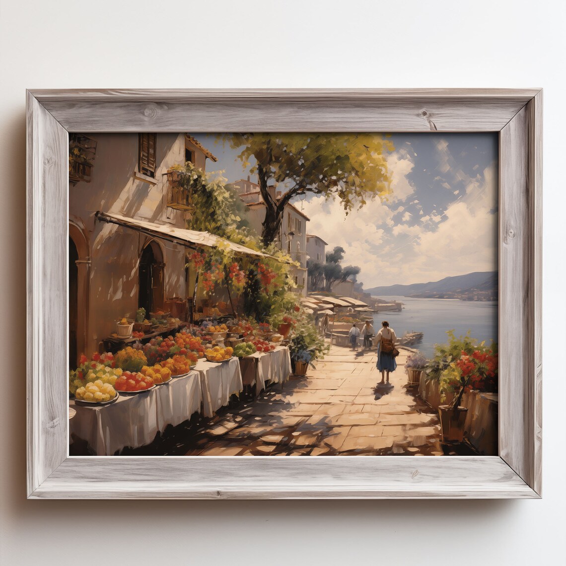 Seaside Market Street Fruit Stalls Waterfront Village Oil Painting Poster