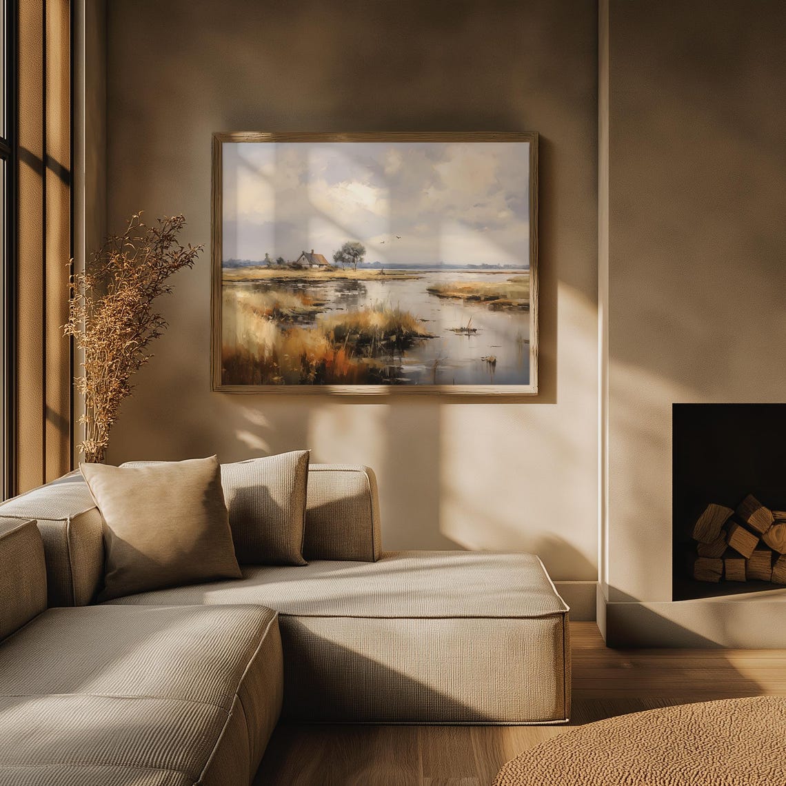Marsh Wetlands Cottage Reeds Birds Cloudy Sky Oil Painting Poster - Image 3