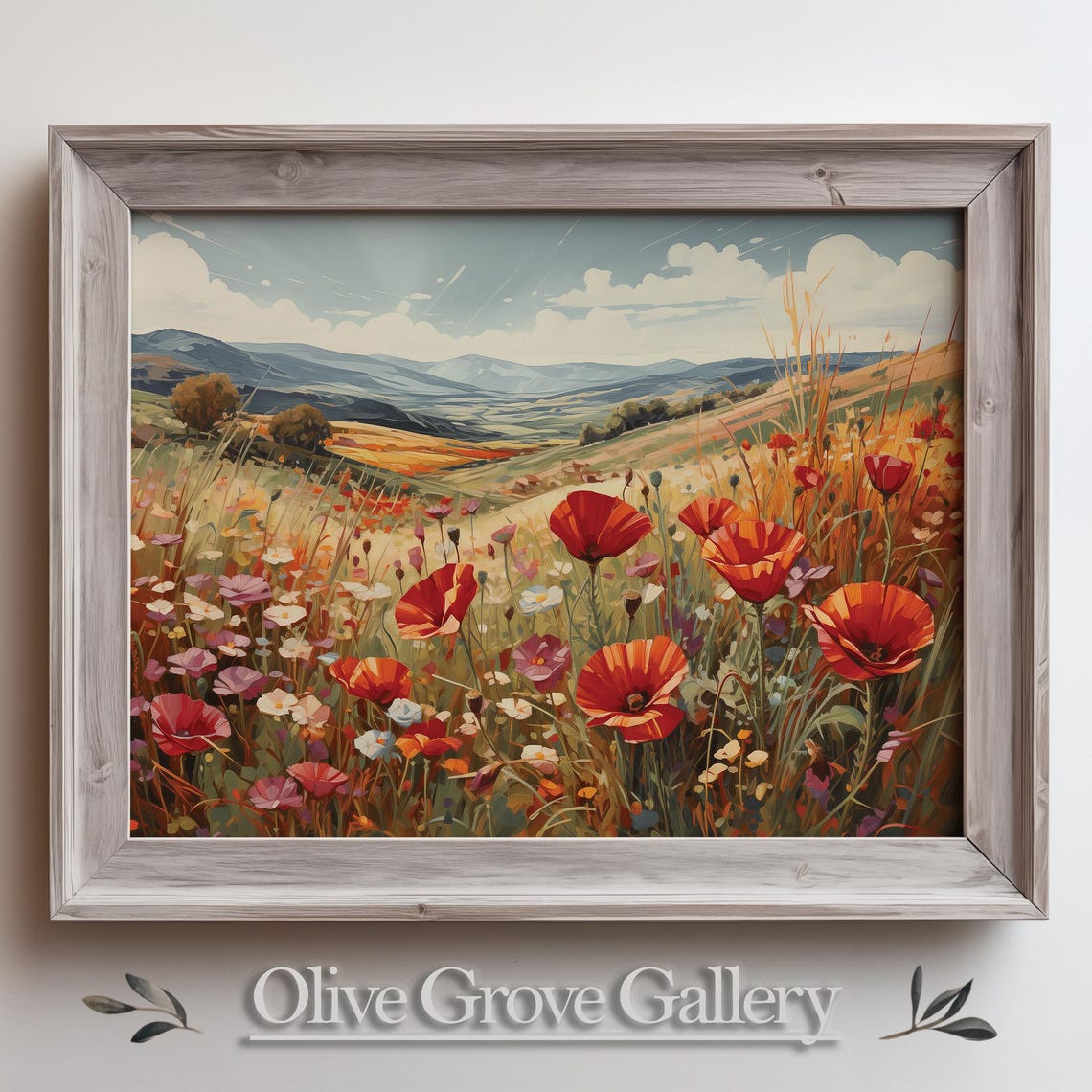 Red Poppy Field Rolling Hills Vintage Summer Meadow Art Poster
