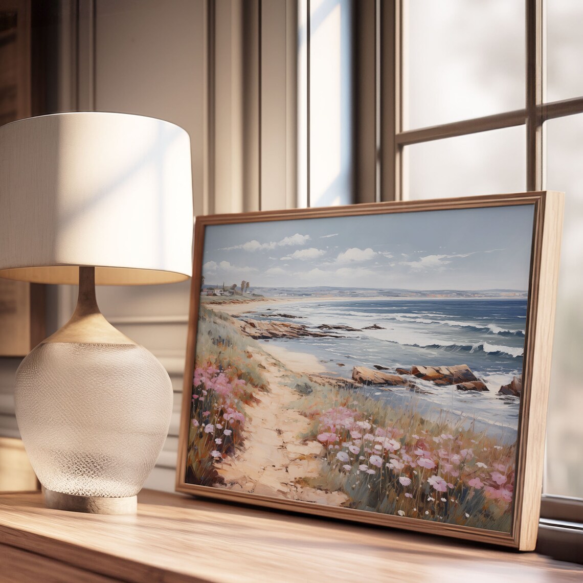 Ocean Waves Sandy Beach Path Pink Wildflowers Seascape Oil Painting Poster - Image 3
