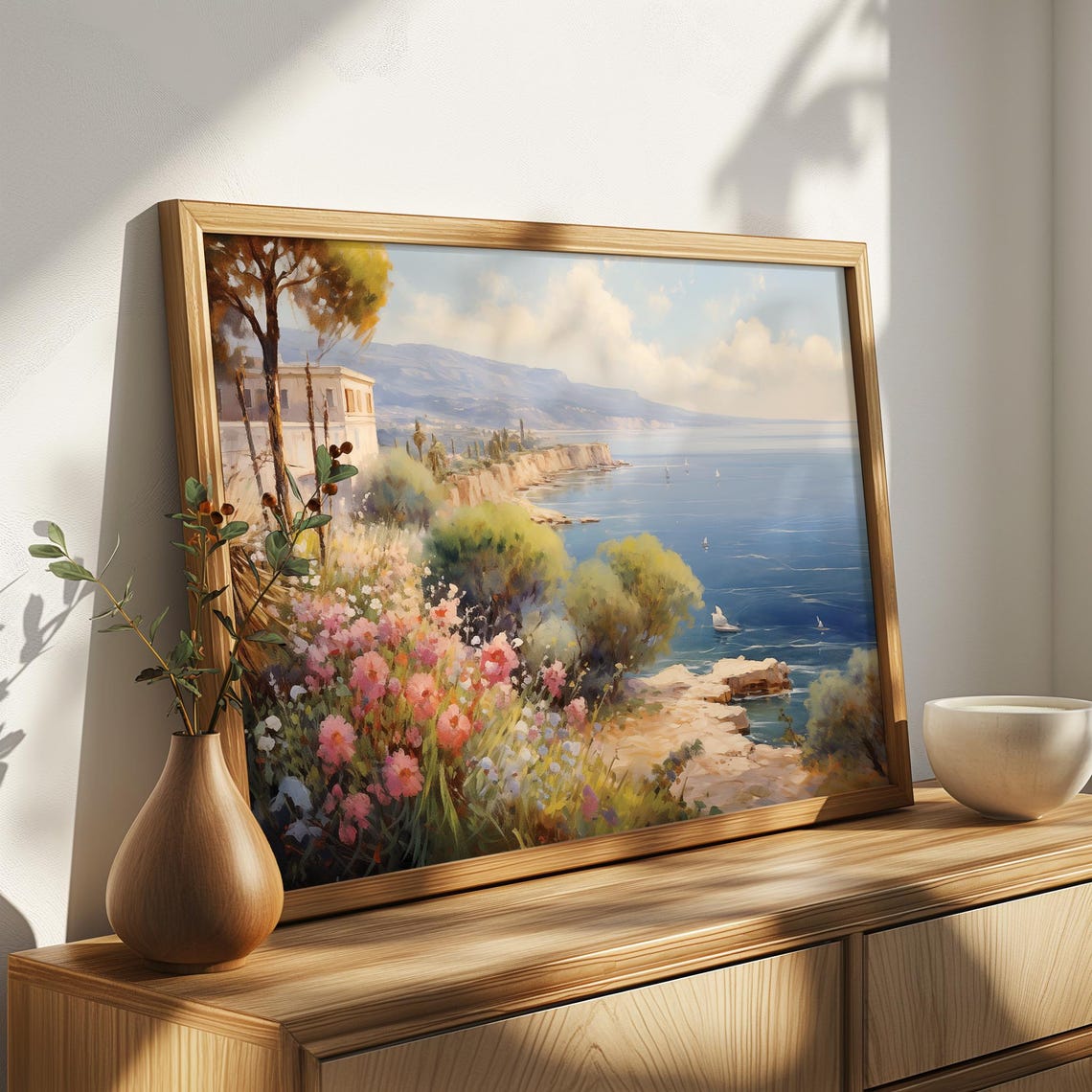 Cliffside Villa Turquoise Sea Painting Sailboats Pink Flowers Poster - Image 4