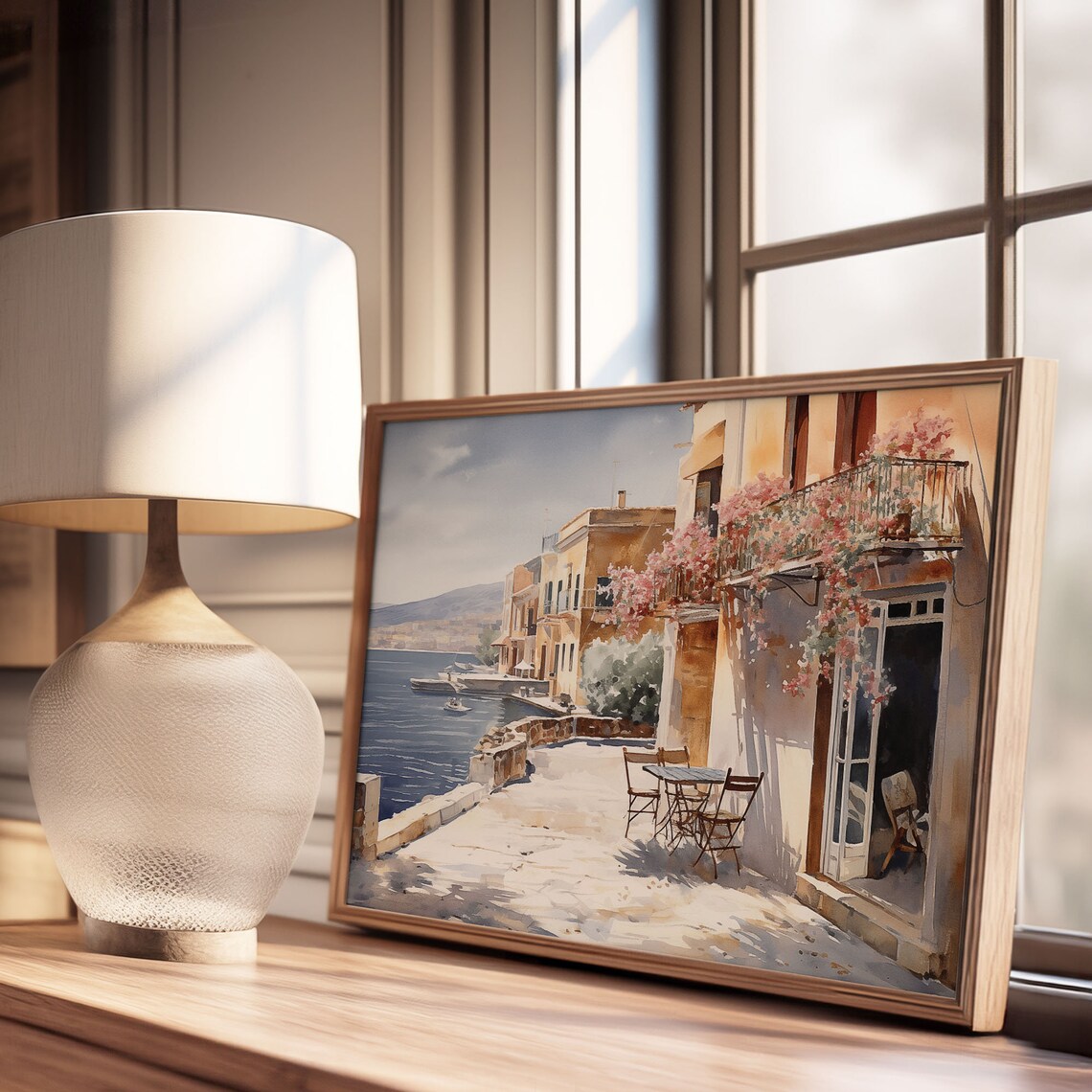 Mediterranean Cafe Terrace by the Sea Oil Painting Style Poster - Image 3