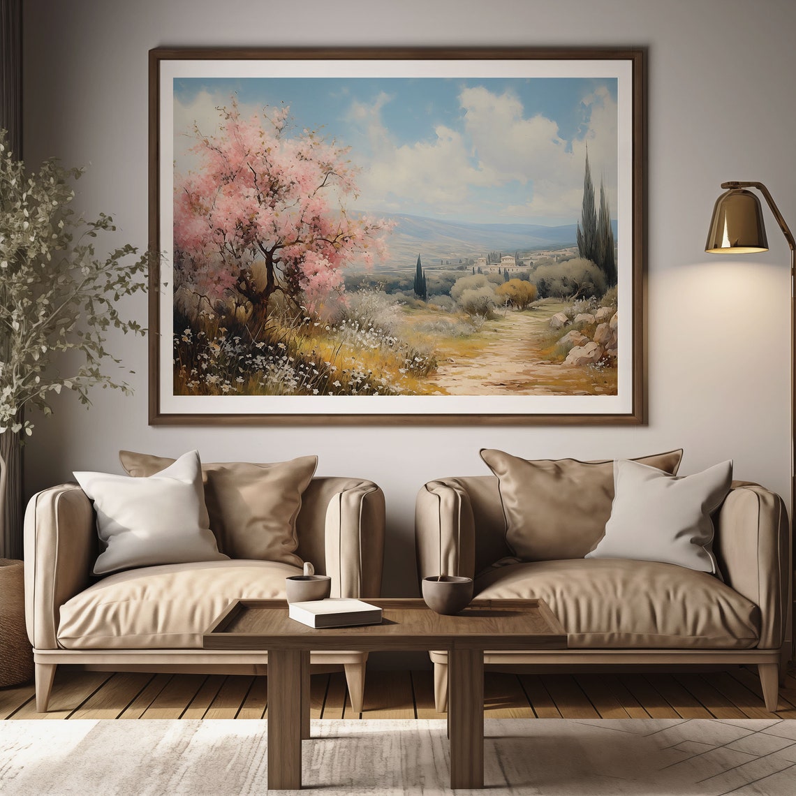 Pink Blossom Tree Over Wildflower Meadow Path Oil Painting Poster - Image 2