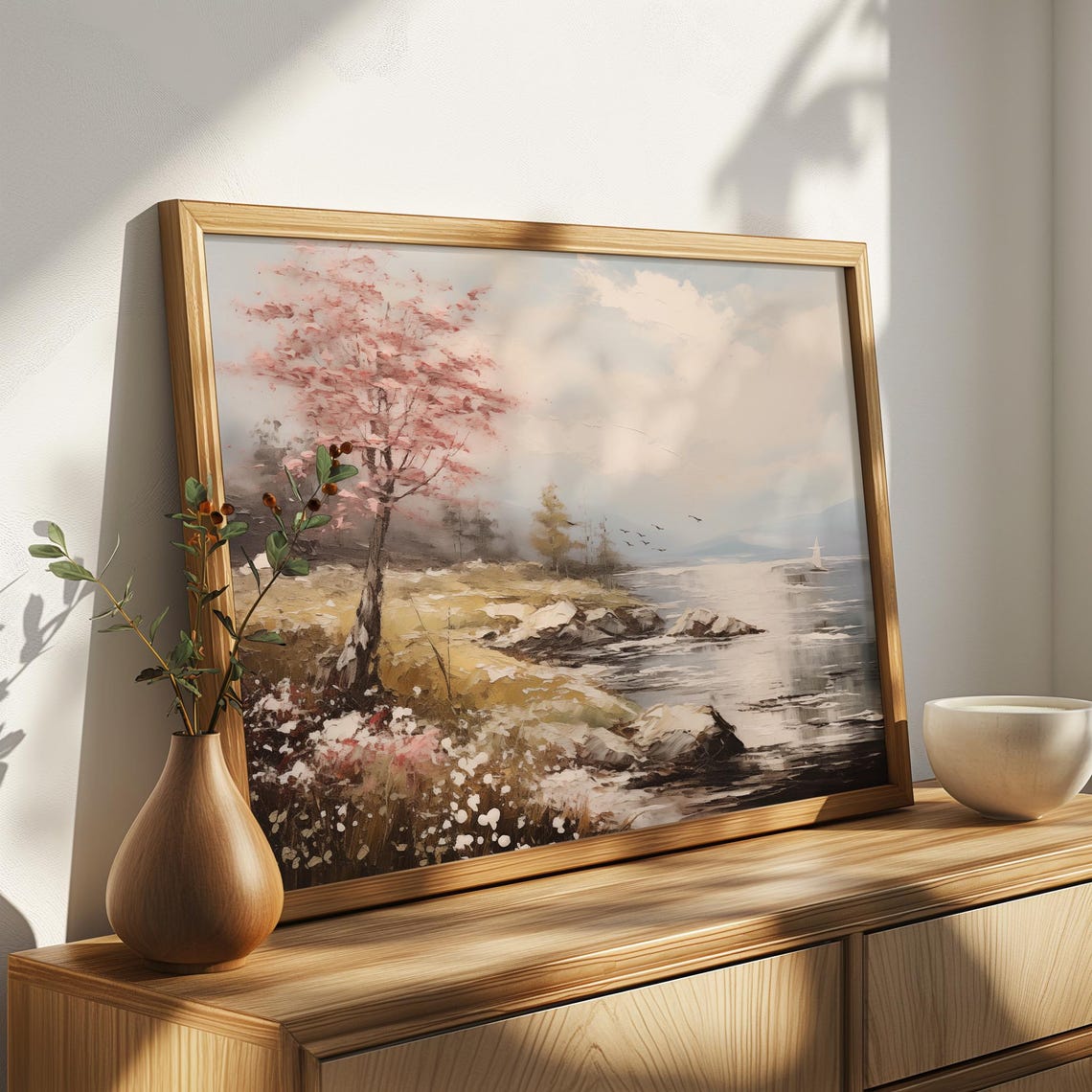 Misty Lake Shore Pink Blossom Tree Sailboat Oil Painting Poster - Image 4