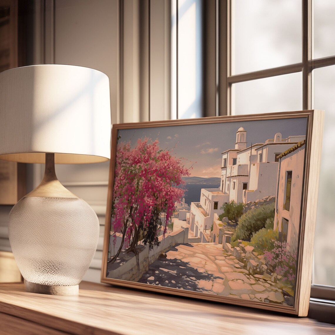 Greek Whitewashed Village Street Bougainvillea Sea Church Poster - Image 3